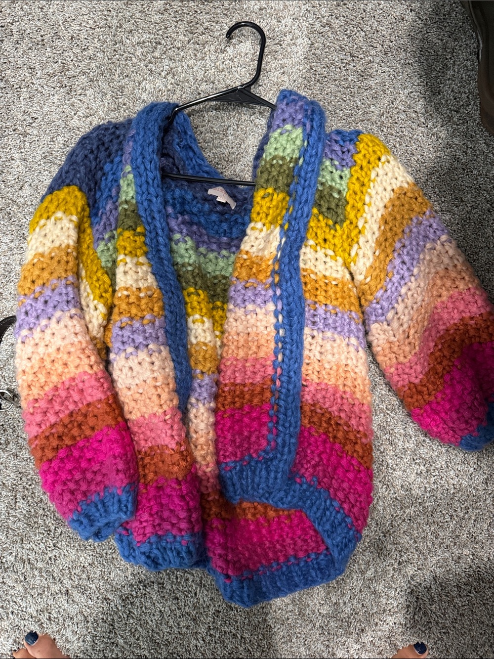 Chunky Multicolor Striped Open Cardigan Sweater - Blue Trim